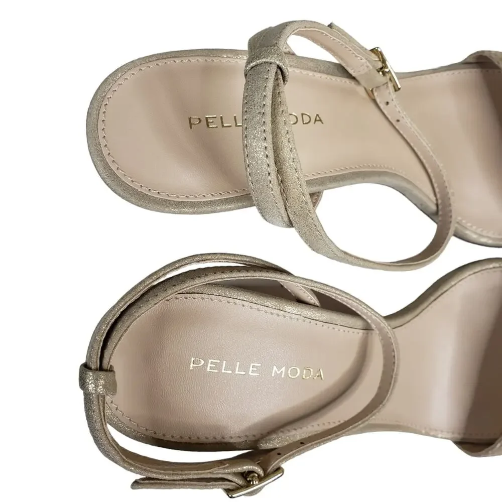 PELLE MODA Womens 8 Zina Ankle Strap Sandal in Platinum Gold